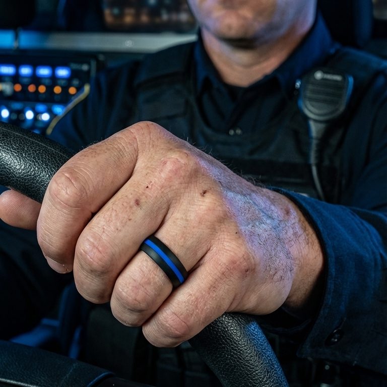 Police officer’s hand on a patrol car steering wheel, wearing a black ring with a blue stripe