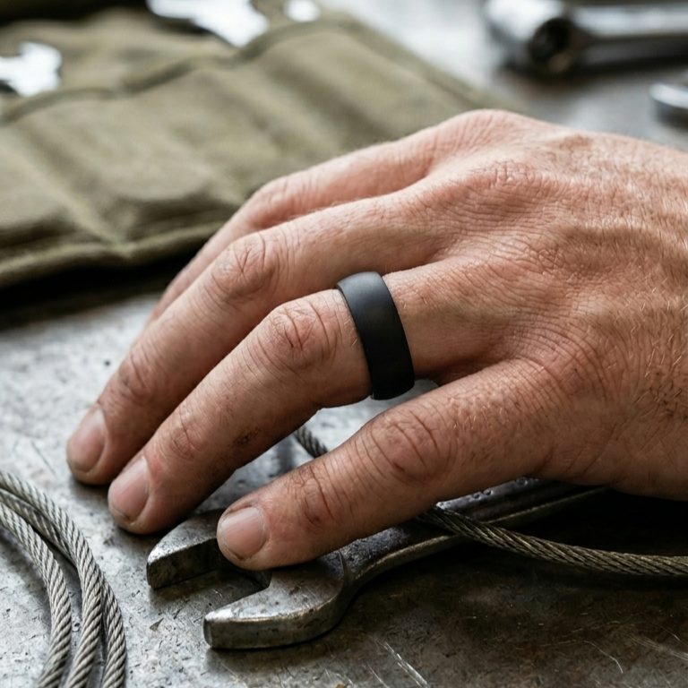 Tradesperson’s hand resting on a spanner, wearing a black silicone ring