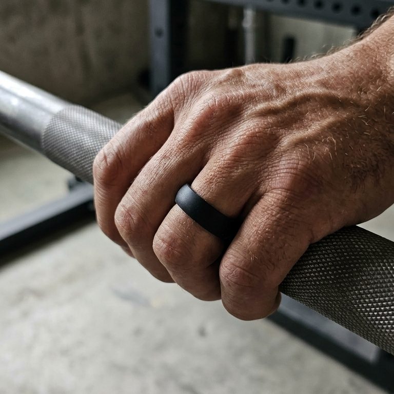 Hand gripping a barbell, wearing a black silicone ring
