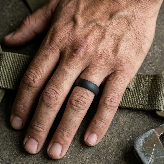 Hand wearing a black ring on a textured surface with green straps.