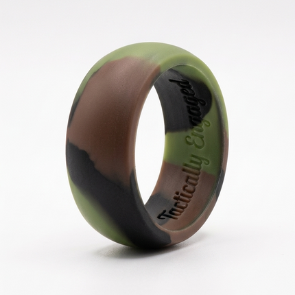 Camouflage-patterned ring with 'Finitely Engaged' branding on a white background