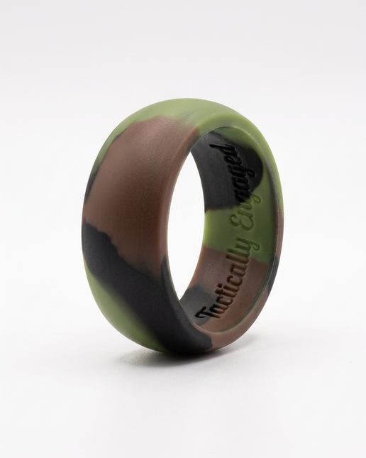 Camouflage-patterned ring with 'Finitely Engaged' branding on a white background
