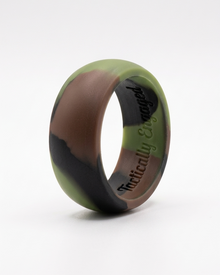 Camouflage-patterned ring with 'Finitely Engaged' branding on a white background