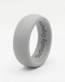 Gray silicone ring with 'Tactically Engaged' text on a white background