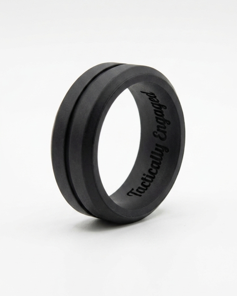Black ring with ' tactically engaged' engraving on a white background