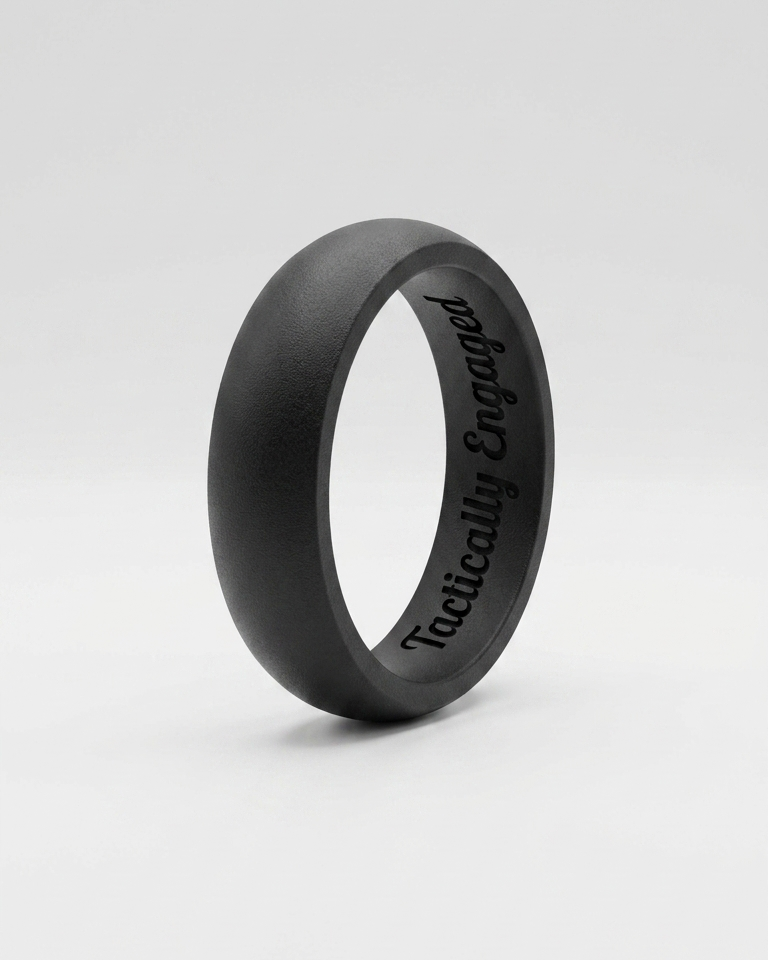 Black silicone ring with 'Tactically Engaged' text on a white background