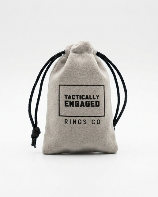 Gray drawstring bag with 'Tactically Engaged Rings Co' branding on a white background