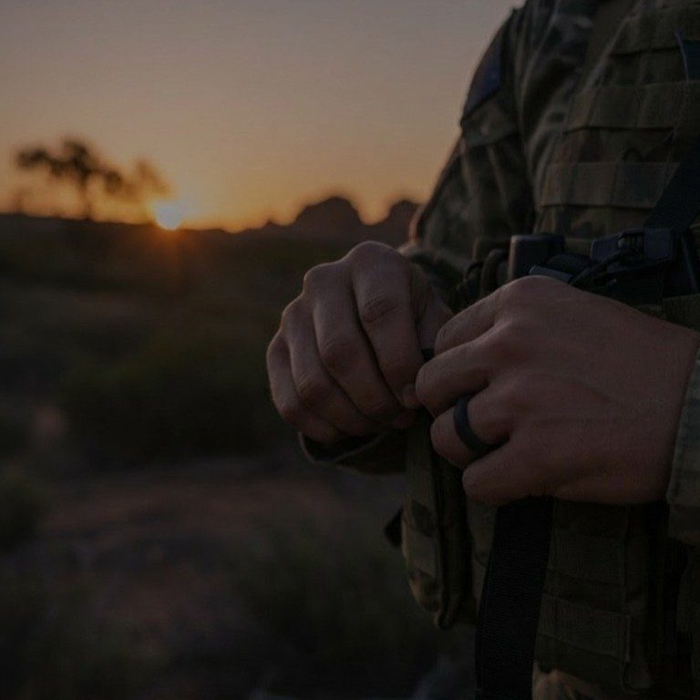 Soldier at sunset adjusting webbing, wearing a black silicone ring